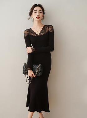 ron&ron法式优雅蕾丝拼接连衣裙秋冬新款气质修身显瘦打底鱼尾裙T