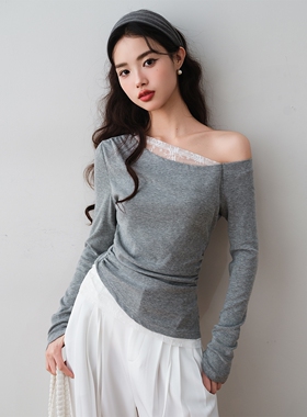 ron&ron纯欲蕾丝拼接长袖T恤2025春季新款设计感修身斜领露肩上T