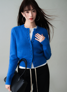 ron&ron设计感修身针织短开衫2024秋冬新款蓝色圆领慵懒高级上衣
