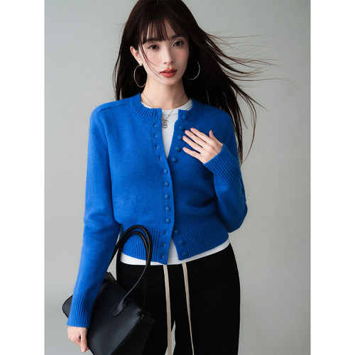 ron&ron设计感修身针织短开衫2024秋冬新款蓝色圆领慵懒高级上衣