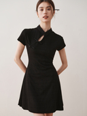 新款 ron新中式 盘扣斜襟纯色连衣裙2024夏季 轻国风立领收腰A字短T