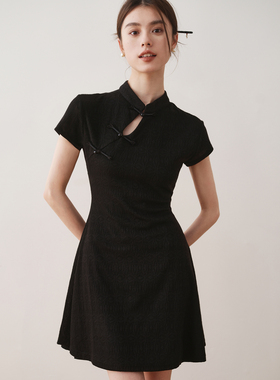 ron新中式盘扣斜襟纯色连衣裙2024夏季新款轻国风立领收腰A字短T