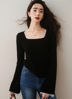 ron&ron蕾丝拼接方领羊毛针织衫2024秋冬新款法式纯色小众打底衫T