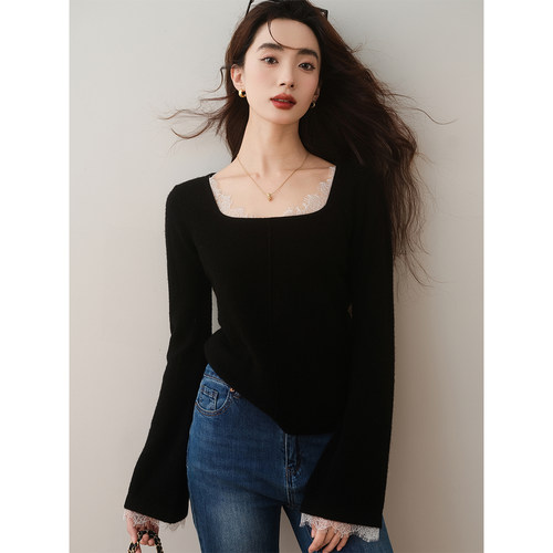 蕾丝拼接羊毛修身套头方领针织衫