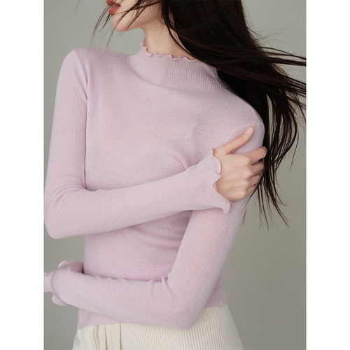 ron&ron百搭半高领木耳边打底衫秋冬新款纯色修身显瘦内搭针织衫