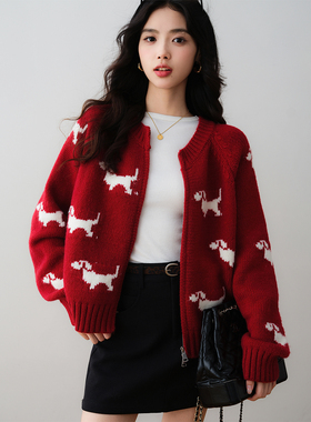 ron&ron韩系可爱小狗提花针织开衫2025秋季新款减龄显瘦百搭毛衣
