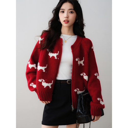 韩系可爱小狗提花百搭针织开衫