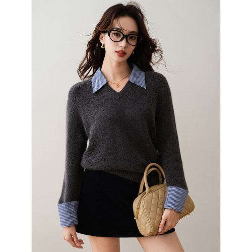 拼接学院风套头翻领针织衫撞色