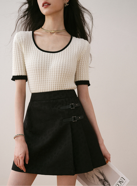 ronron高腰A字提花黑色半身裙2023夏季新款设计感显瘦小个子短裙T