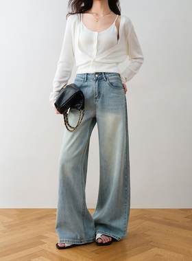 ron&ron复古蓝色水洗阔腿牛仔裤2025早春新款高腰直筒显腿长长裤T