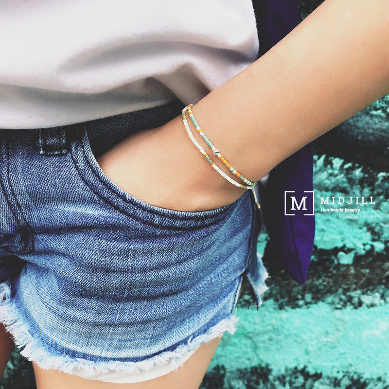 夏日的感觉沙滩阳光清新度假风磨砂色系手链 925银珠波西米亚手绳