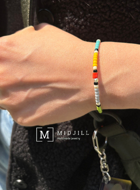 日系风格 90's retro 复古质感色彩925切割面银珠点缀手链 限量款