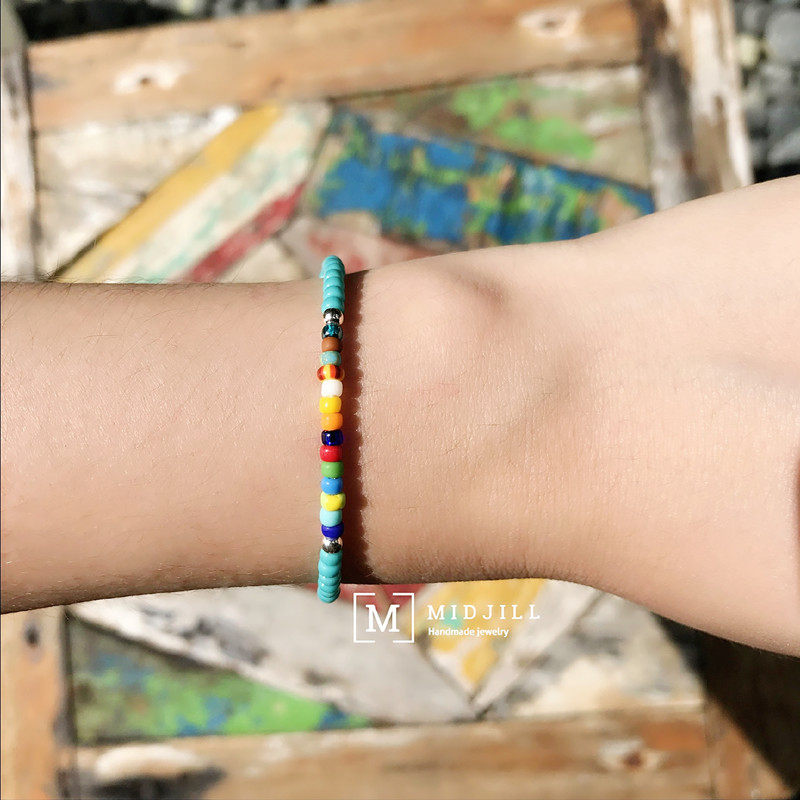 925银圆珠复古湖蓝色串珠手链 boho时尚彩色可调节手绳好朋友礼物