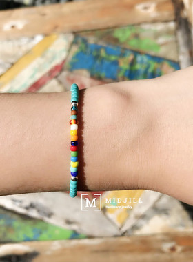 925银圆珠复古湖蓝色串珠手链 boho时尚彩色可调节手绳好朋友礼物