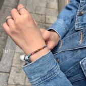 boho时尚 复古彩色拼接湖蓝色串珠做旧925银扣手链小众限量设计