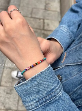 boho时尚复古彩色拼接湖蓝色串珠做旧925银扣手链小众限量设计
