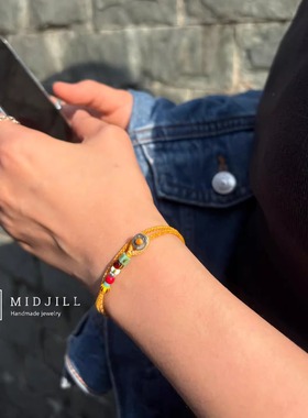 阿美咔叽复古彩色珠活力阳光黄色系渐变编织925银扣手绳 AMEKAJI