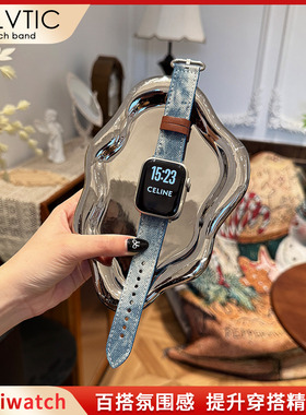 扎染牛仔帆布适用iwatch苹果手表S11表带applewatch89S10表带秋冬
