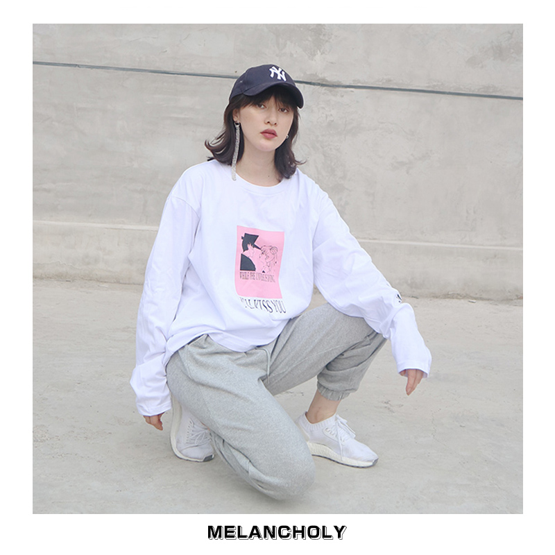 MELANCHOLY 设计款 黑白2色 美少女 圆领长袖重磅纯棉宽松长款T恤