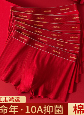 马年新款本命年男士内裤男生平角裤纯棉大红色属马结婚四角短裤头