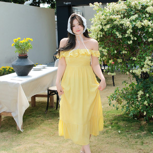 【清仓】PSG微胖大码连衣裙小飞袖一字肩荷叶边收腰显瘦沙滩长裙