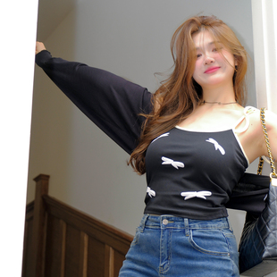 秋冬新款 PSG微胖大码 MM辣妹复古印花显瘦遮肉吊带开衫 清仓