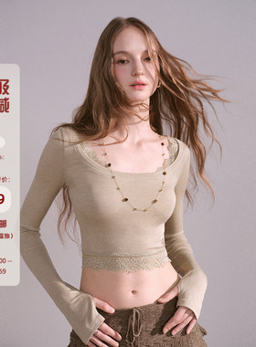 Mess Studio 辣妹设计感修身显瘦短款蕾丝拼接浅绿色长袖上衣女春