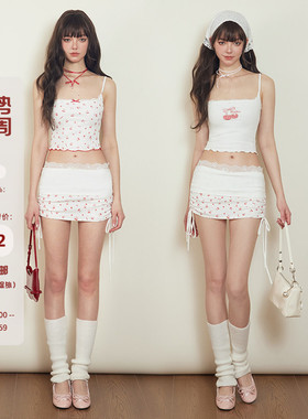 Mess Studio辣妹樱桃系列套装吊带背心半身裙裙裤女吊带裙T恤裤子