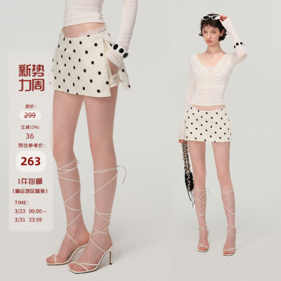Mess Studio 辣妹设计感a字蕾丝无腰头短款米白色波点半身裙女春