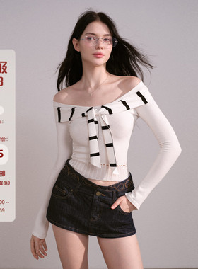 Mess Studio 辣妹设计感气质短款修身收腰白色一字肩针织上衣女春