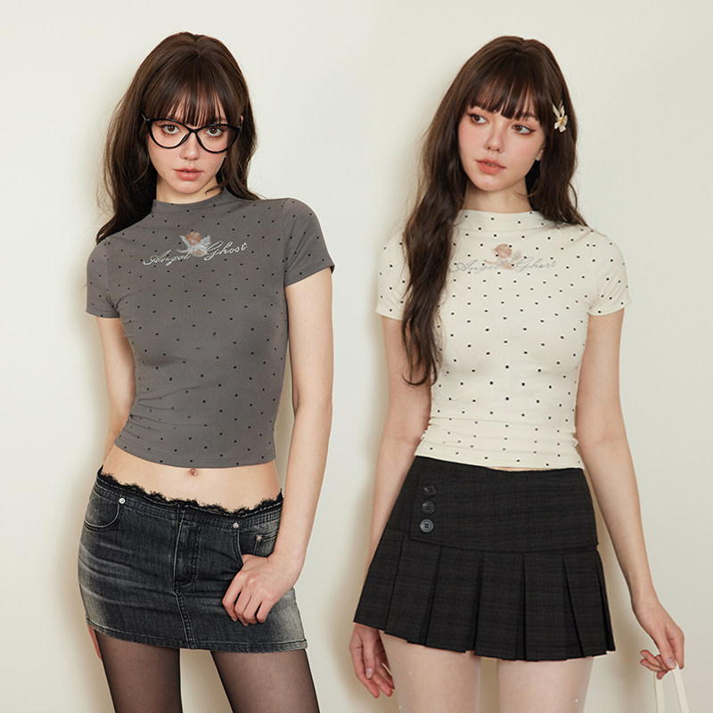 Mess Studio 夏季辣妹基础纯色显瘦修身上衣烫钻小高领短袖T恤女