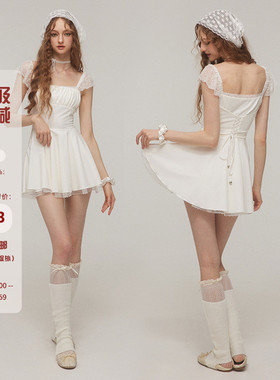 Mess Studio 夏季小众小飞袖绑带连衣裙女吊带裙短裙收腰裙子显瘦
