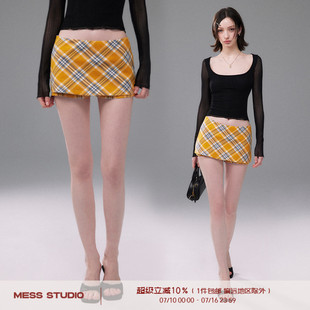 Mess Studio 辣妹风修身型包臀裙防走光短款黄色格子半身裙女春季