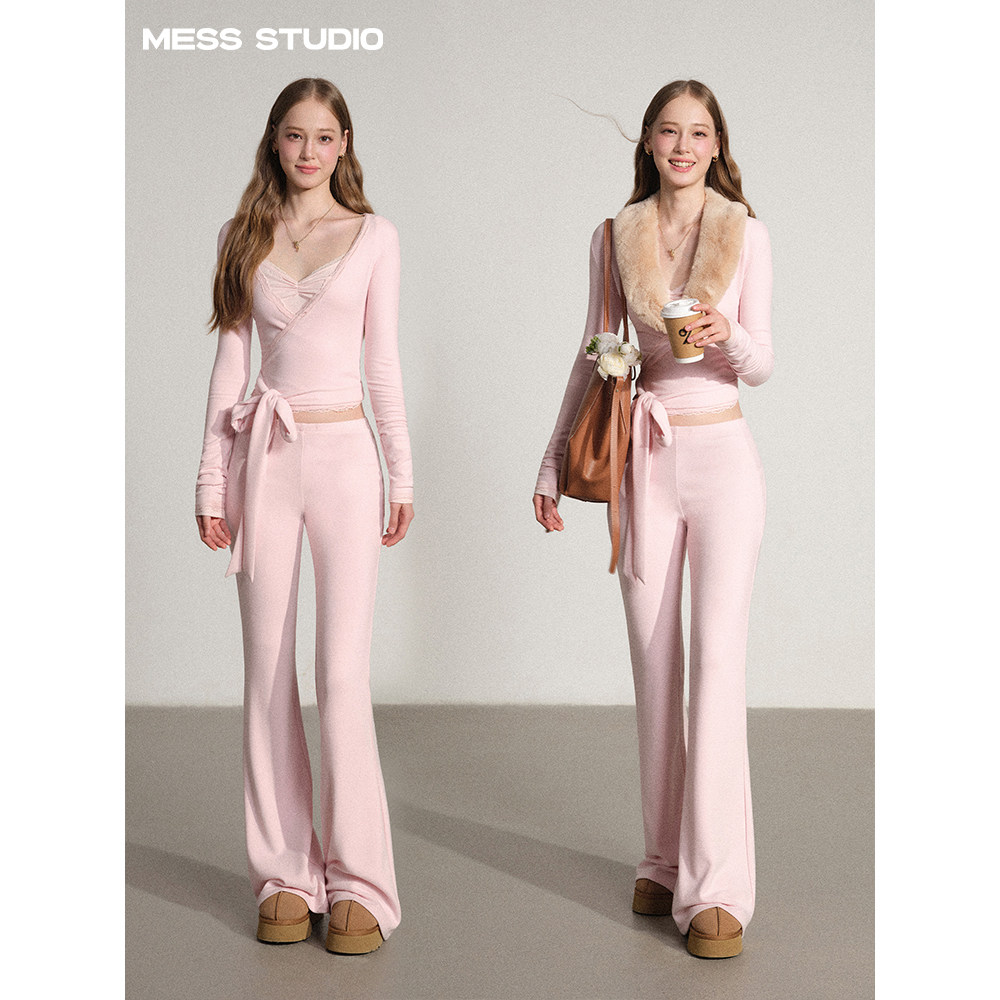 Mess Studio 甜辣设计感短款修身长袖粉色毛领上衣微喇休闲裤女秋图片