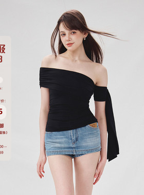 Mess Studio夏季辣妹单肩绑带上衣女设计感黑色短袖T恤一字领修身