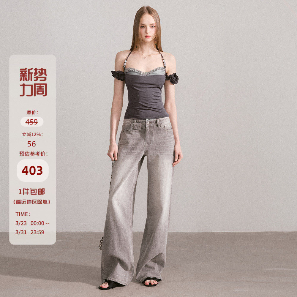 Mess Studio 辣妹复古蕾丝腰头直筒宽松阔腿水洗做旧灰色牛仔裤女