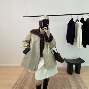 羽绒内胆~立领拉链中长款加厚风衣外套宽松抽绳收腰大衣~配披肩