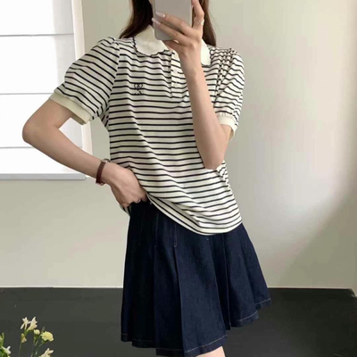 法式夏季刺绣蝴蝶结简约宽松小众娃娃领polo翻领短袖T恤女打底T