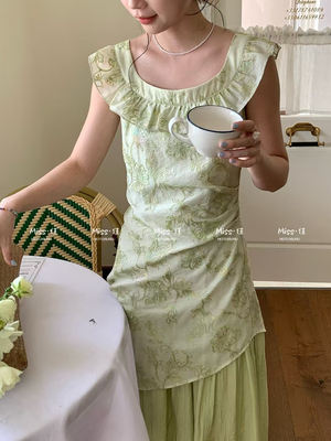 度假风假两件叠穿连衣裙女夏款纯欲荷叶边大u领小众设计桔梗长裙