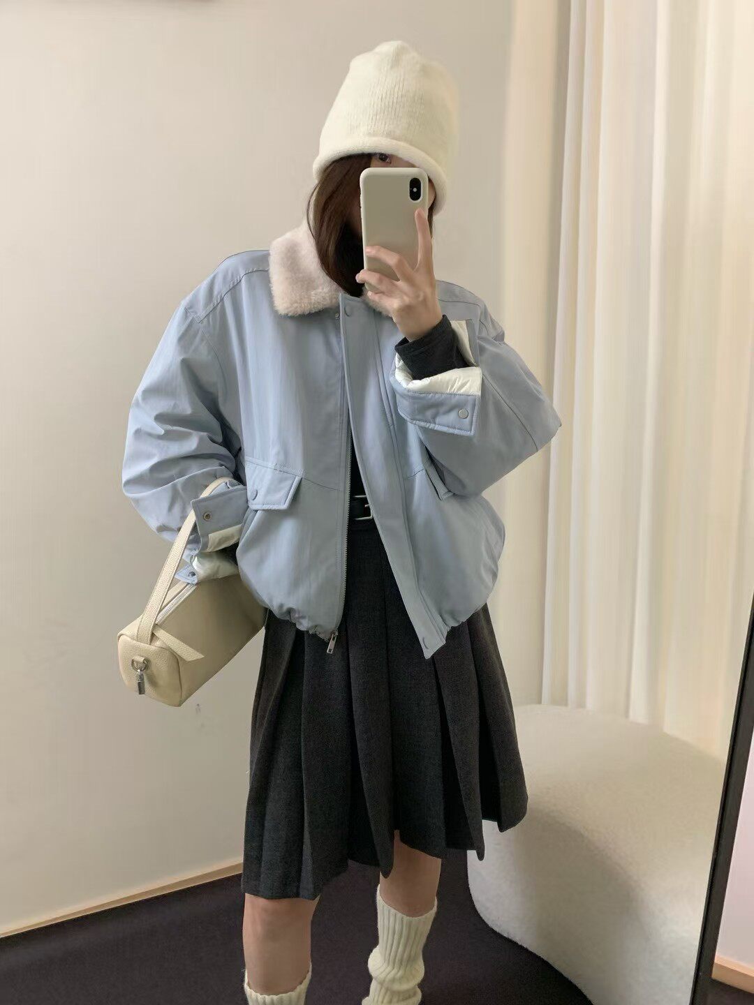 内胆90%白鸭绒皮衣短外套冬季保暖羊羔毛领子羽绒服休闲皮绒派克