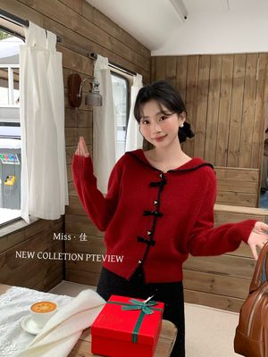 Miss佳蝴蝶结海军领撞色显白复古红毛衣女秋冬外穿显瘦小众上衣