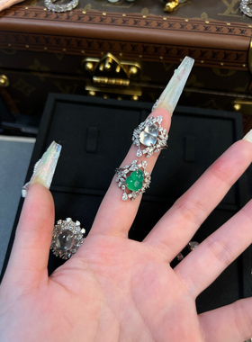 925银镶嵌珠宝感水沫玉冰冰透透葫芦戒指