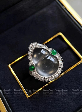 新中式国风天然水沫玉葫芦福禄戒指女925银镀18K白金