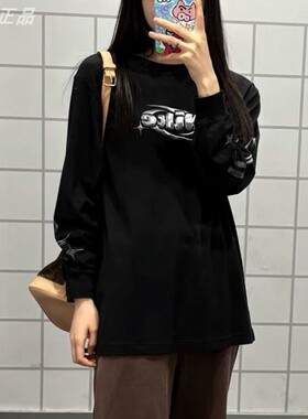 Nike耐克 女子LOGO印花纯棉针织圆领宽松运动休闲长袖T恤 FQ5675