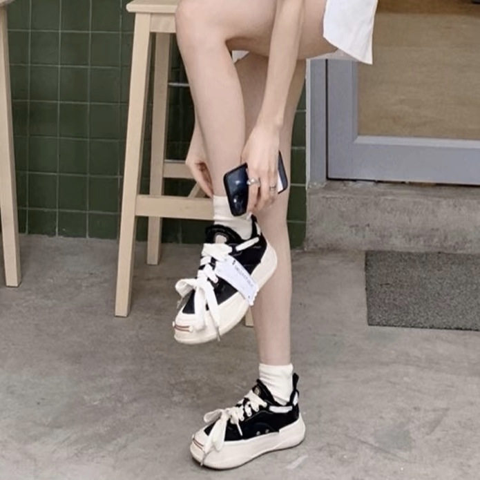 艾依必赵露思同款开口笑帆布鞋女2025新款厚底增高休闲笑脸板鞋