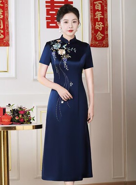 工厂妈妈婚礼服秋冬醋酸刺绣喜婆婆婚宴装旗袍22d103复古风