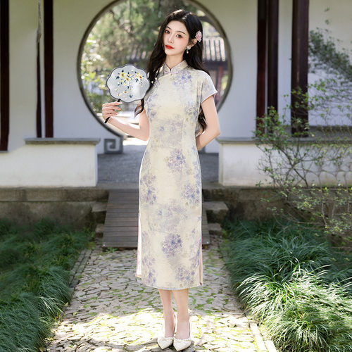 小个子旗袍2025新款女夏季新中式改良连衣裙日常可穿素雅紫色