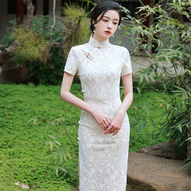 2025春夏新款花扣复合蕾丝长款旗袍仙女裙复古改良清新文艺连衣裙