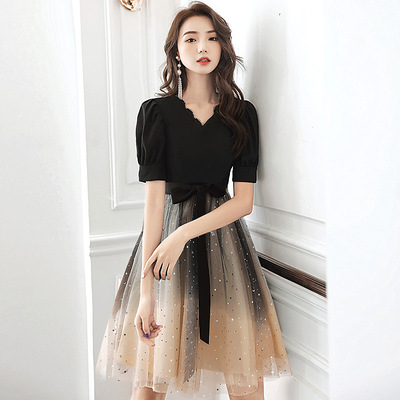 黑色小个子晚礼服女2025新款年会艺考宴会气质主持人礼服连衣裙