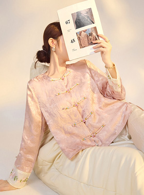 新中式国风新款缎面刺绣粉色醋酸薄外套气质小众设计上衣 M4024